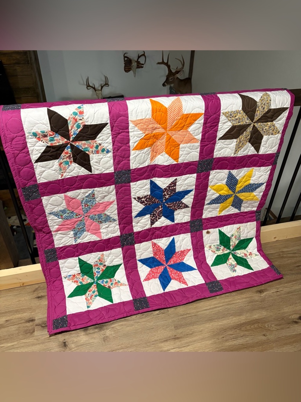 Star Patchwork Quilt in Pink, White and Multicolor